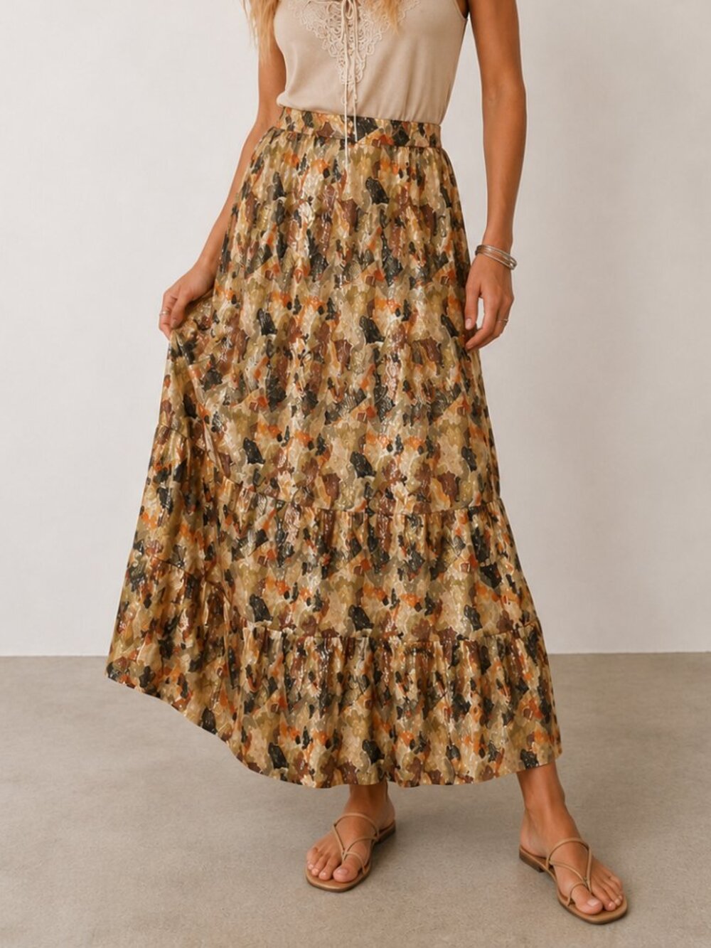 BA&SH Galina Tiered Silk Blend Metallic Lurex Boho Maxi Skirt Multi Size L EUC